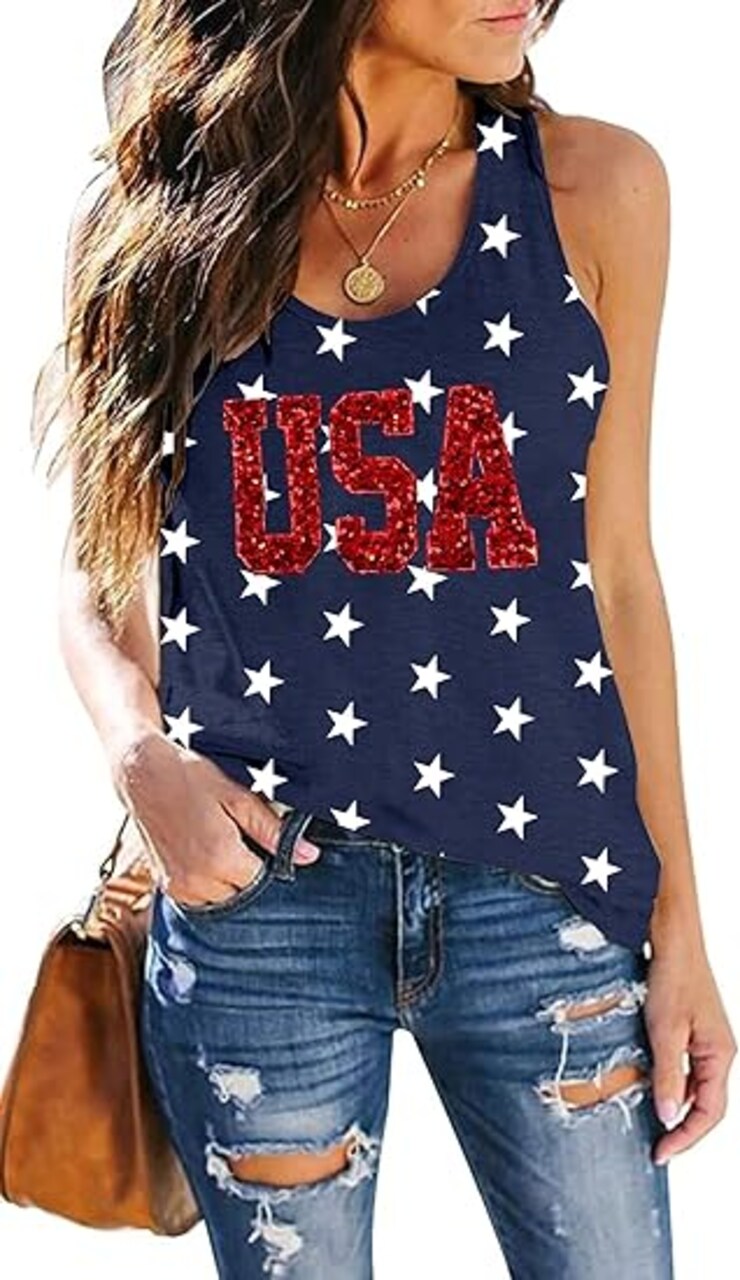 American Flag Tank Top Women USA Star Sequin Sleeveless Tee Patriotic Shirt 4th of July